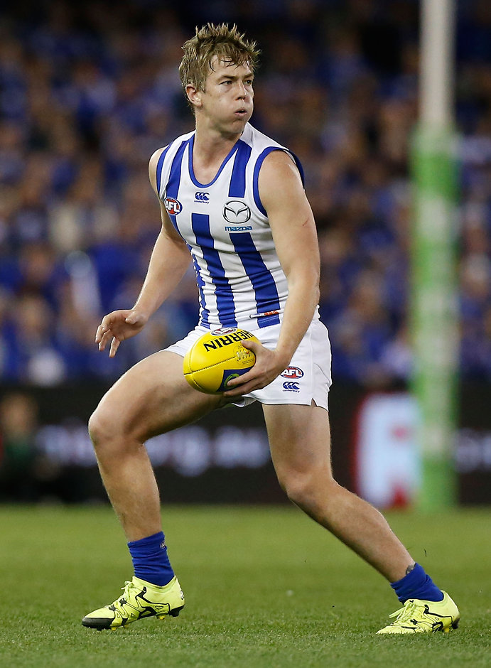 AFL 2015 Rd 23 - Richmond v North Melbourne MELBOURNE, AUSTRALIA - SEPTEMBER 4: Trent Dumont of the Kangaroos in action during the 2015 AFL round 23 match between the Richmond Tigers and the North Melbourne Kangaroos at Etihad Stadium, Melbourne, Australia on September 4, 2015. (Photo by Adam Trafford/AFL Media)
